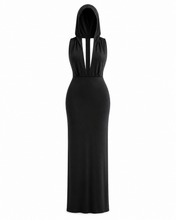 Hooded dress black satin fitted stretched