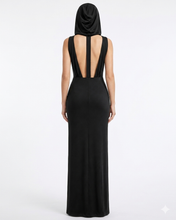Hooded dress black satin fitted stretched