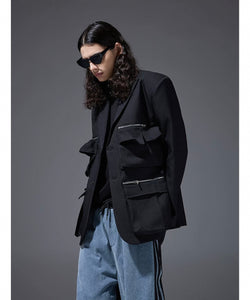 Multiple pockets blazer noir canvas cotton