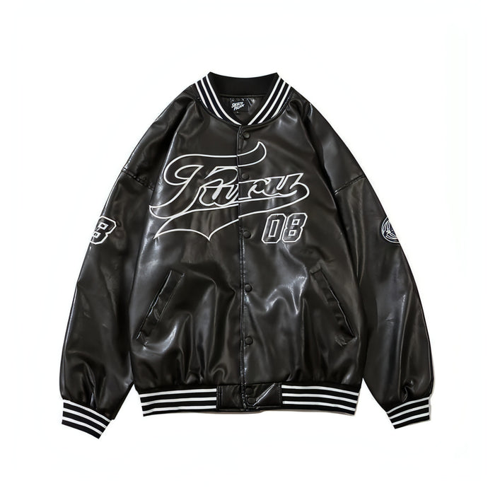 Leather Letter Printing Baseball Jacket - vanidadang