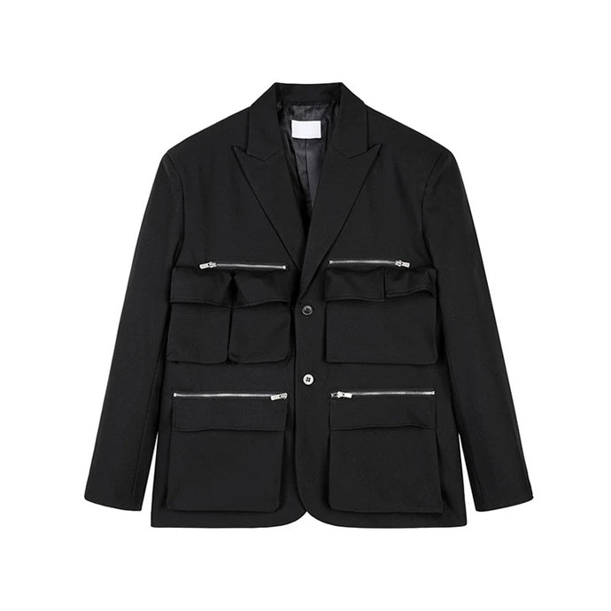 Multiple pockets blazer noir canvas cotton