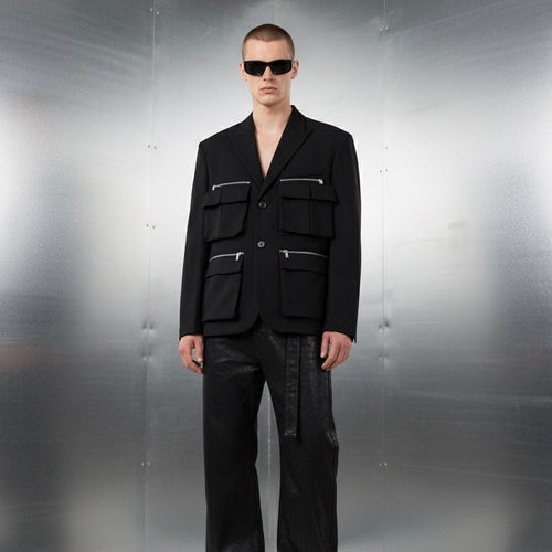 Multiple pockets blazer noir canvas cotton