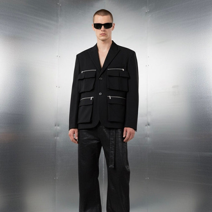 Multiple pockets blazer noir canvas cotton