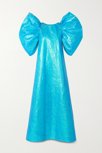 Robe en matière plastique recyclée avec manches bouffantes, bleue irisée