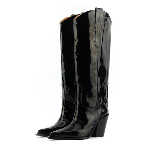 Black Patent Leather Cowboy Knee High Boots
