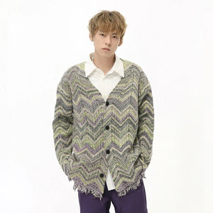 Knitting Contrast Color V-neck cardigan