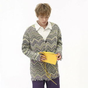 Knitting Contrast Color V-neck cardigan