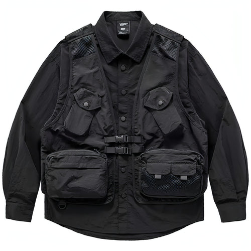 Black Techwear Patchwork Cargo Shirt - vanidadang
