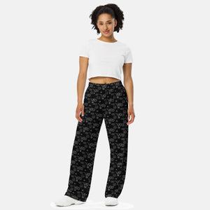 All-over Print Unisex Wide-leg Black Pants - vanidadang